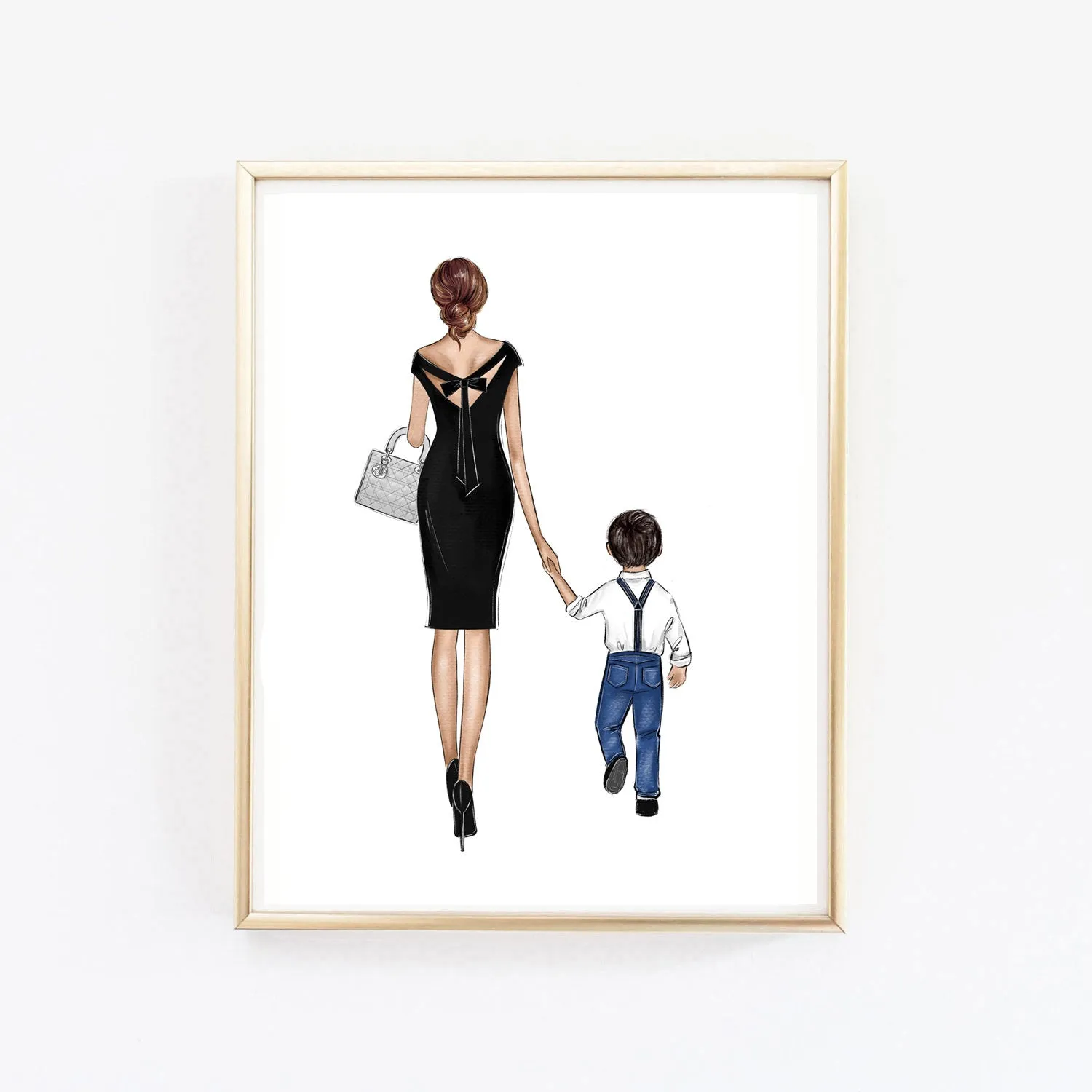 Personalized mother and kids art print fashion illustration