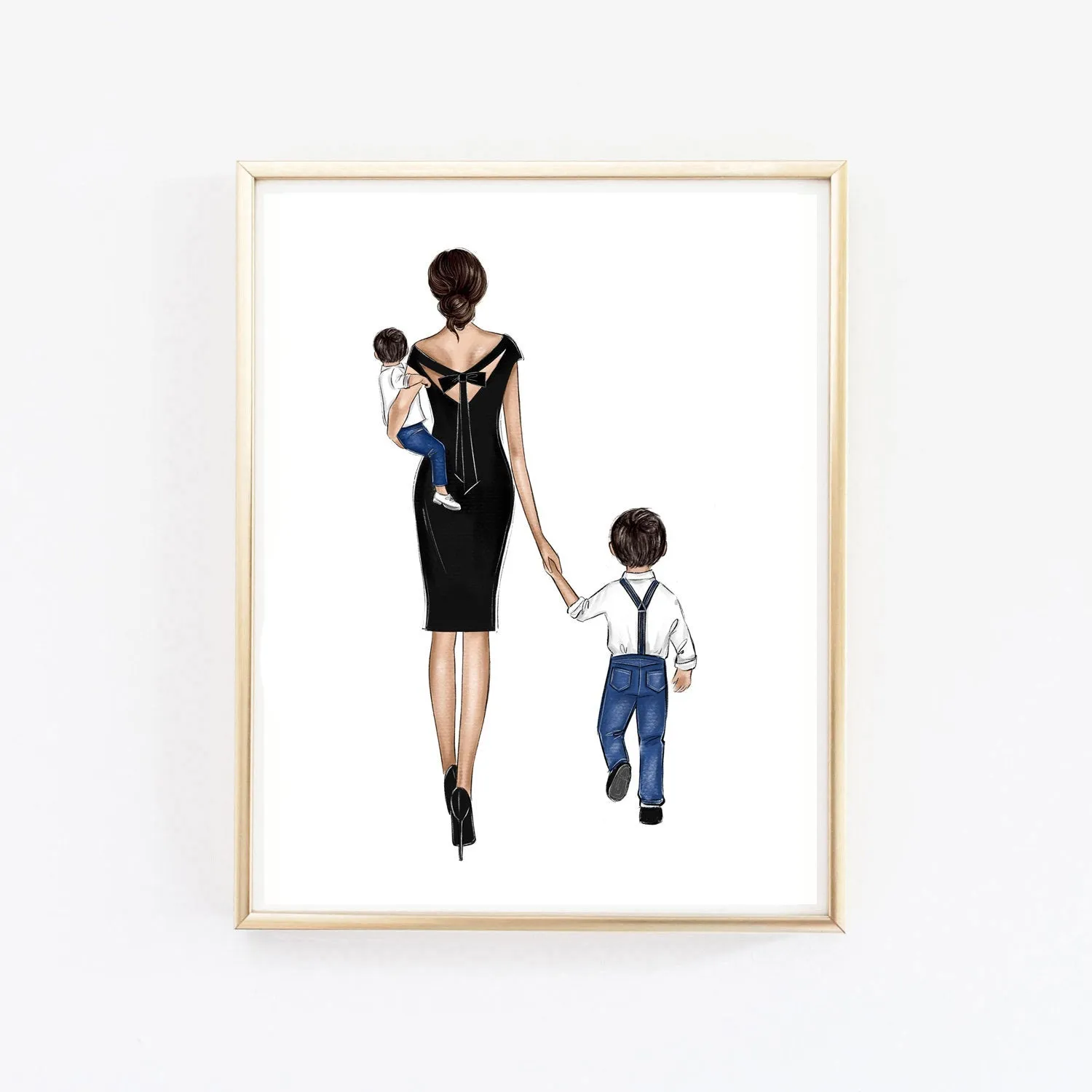 Personalized mother and kids art print fashion illustration