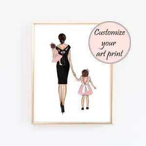 Personalized mother and kids art print fashion illustration
