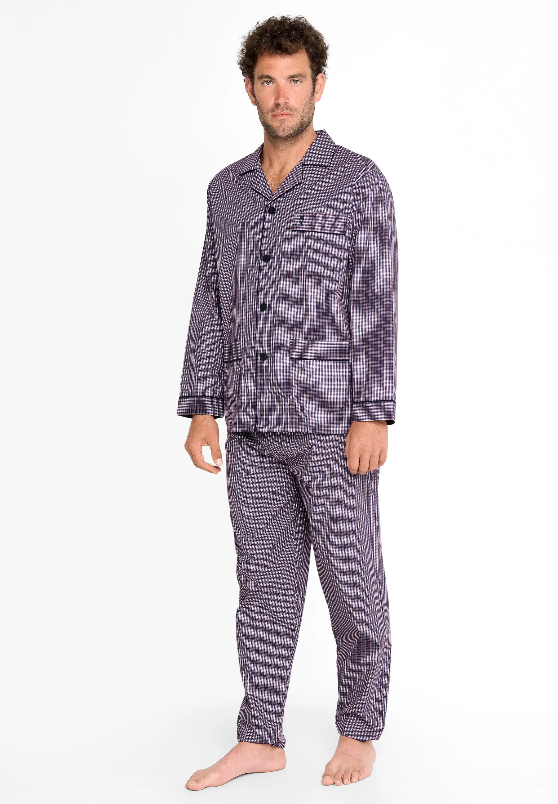 Pijama Hombre Largo Solapa Algodón Popelín Cuadros - Azul 2980_39