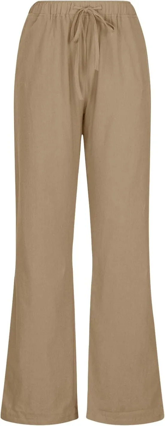 Ruziyoog Women's Cotton Linen Pants Summer Drawstring Waist Wide Leg Lounge Palazzo Pants Casual Loose Yoga Trousers