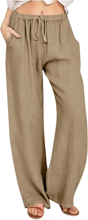 Ruziyoog Women's Cotton Linen Pants Summer Drawstring Waist Wide Leg Lounge Palazzo Pants Casual Loose Yoga Trousers