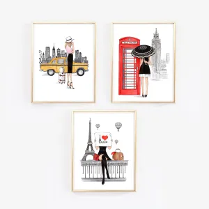 Set of 3 art print fashion illustrations of London, Paris and New York