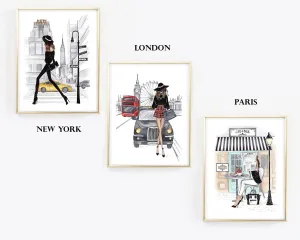 Set of 3 travel inspired art prints of London, Paris and New York fashion illustrations