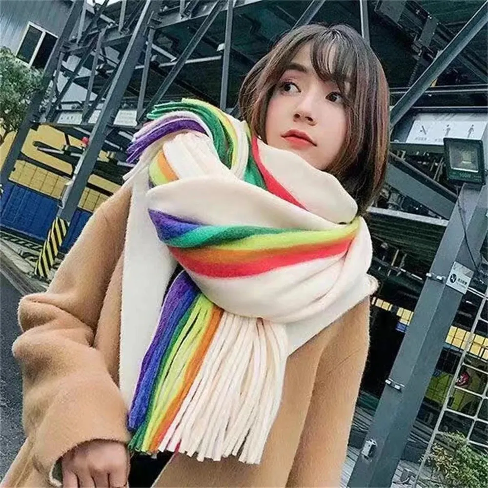 Sohiwoo Women's Rainbow Scarf Winter Cashmere Shawl Thickened Warm Knitted Line Scarf Long Fashion Bufandas Shawl Pashmina for Femme