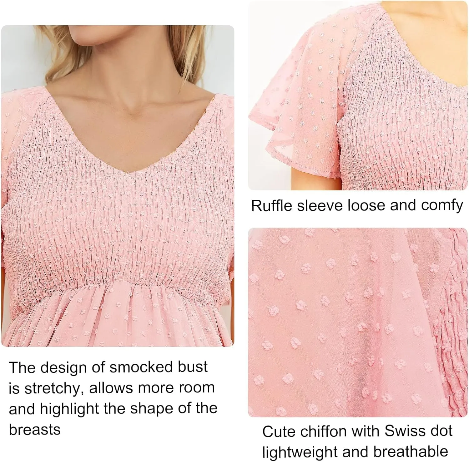 Swiss Dot Smocked Maternity Dress for Baby Shower Photoshoot Casual V Neck Ruffle Sleeve Empire Waist Tiered Boho Dress
