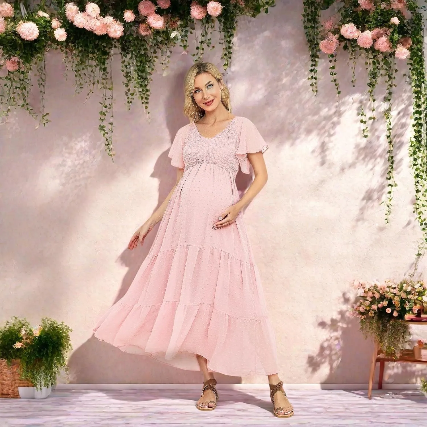Swiss Dot Smocked Maternity Dress for Baby Shower Photoshoot Casual V Neck Ruffle Sleeve Empire Waist Tiered Boho Dress