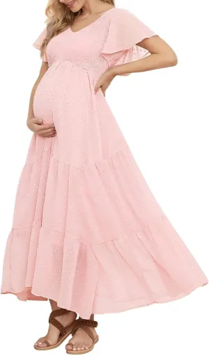 Swiss Dot Smocked Maternity Dress for Baby Shower Photoshoot Casual V Neck Ruffle Sleeve Empire Waist Tiered Boho Dress