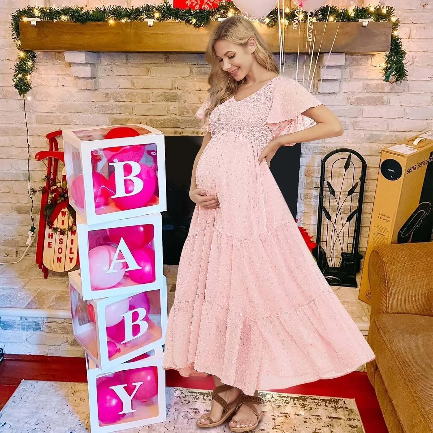 Swiss Dot Smocked Maternity Dress for Baby Shower Photoshoot Casual V Neck Ruffle Sleeve Empire Waist Tiered Boho Dress