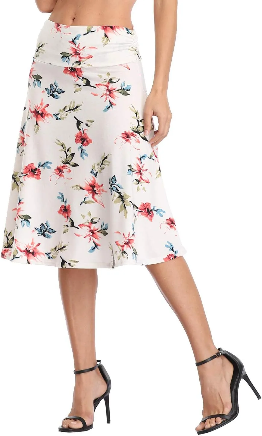 Urban CoCo Women's Ruched High Waist Knee Length Jersey A-Line Stretchy Flared Casual Skirt