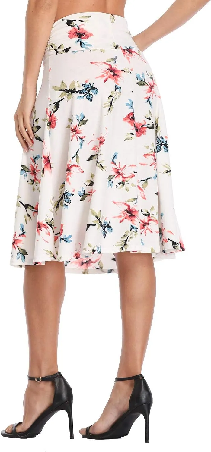Urban CoCo Women's Ruched High Waist Knee Length Jersey A-Line Stretchy Flared Casual Skirt