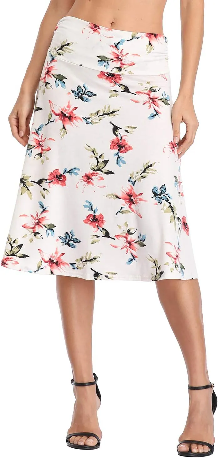 Urban CoCo Women's Ruched High Waist Knee Length Jersey A-Line Stretchy Flared Casual Skirt