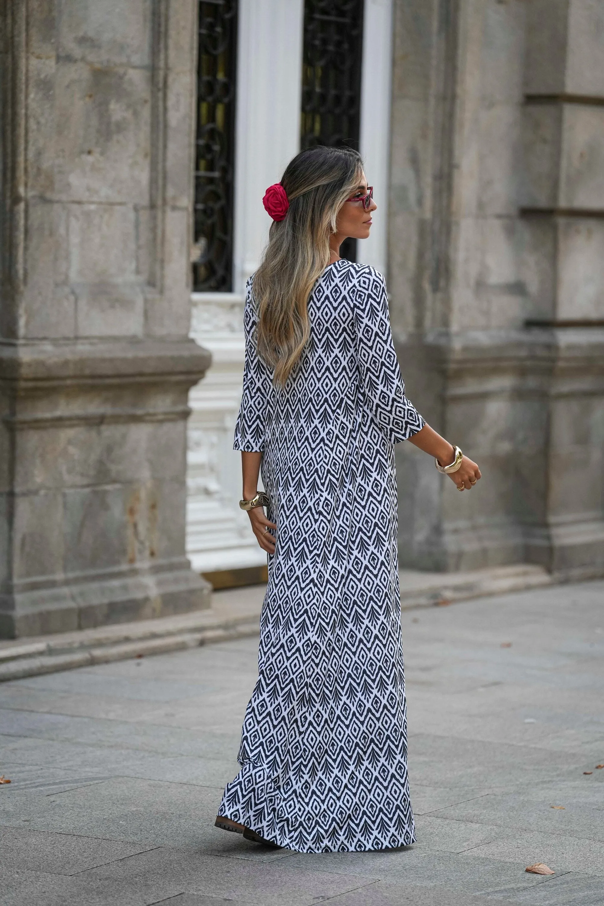 Vestido comprido em malha estampada