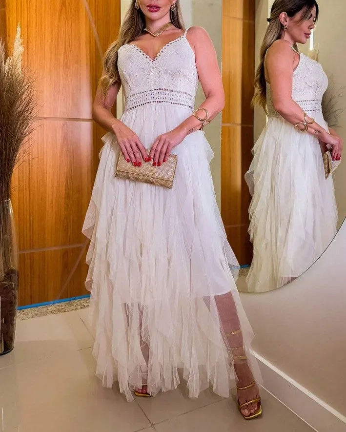 Vestido de Festa Longo Camada Tule c/Renda