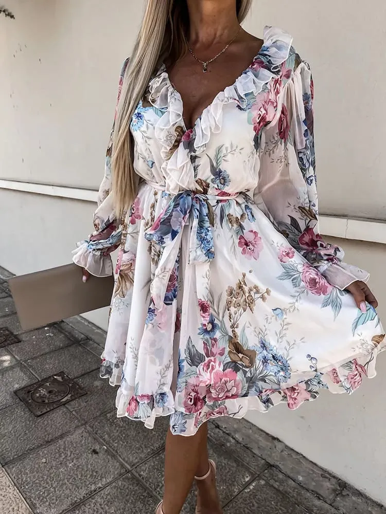 Vestido Estampado Decotado de Festa Curto c/ Babados de Manga