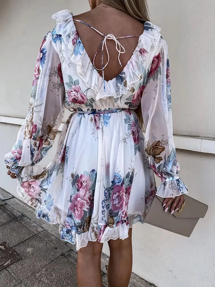 Vestido Estampado Decotado de Festa Curto c/ Babados de Manga