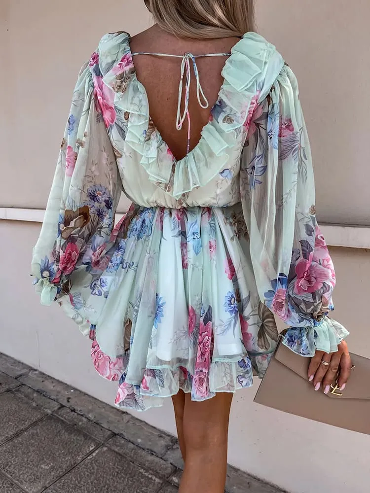 Vestido Estampado Decotado de Festa Curto c/ Babados de Manga