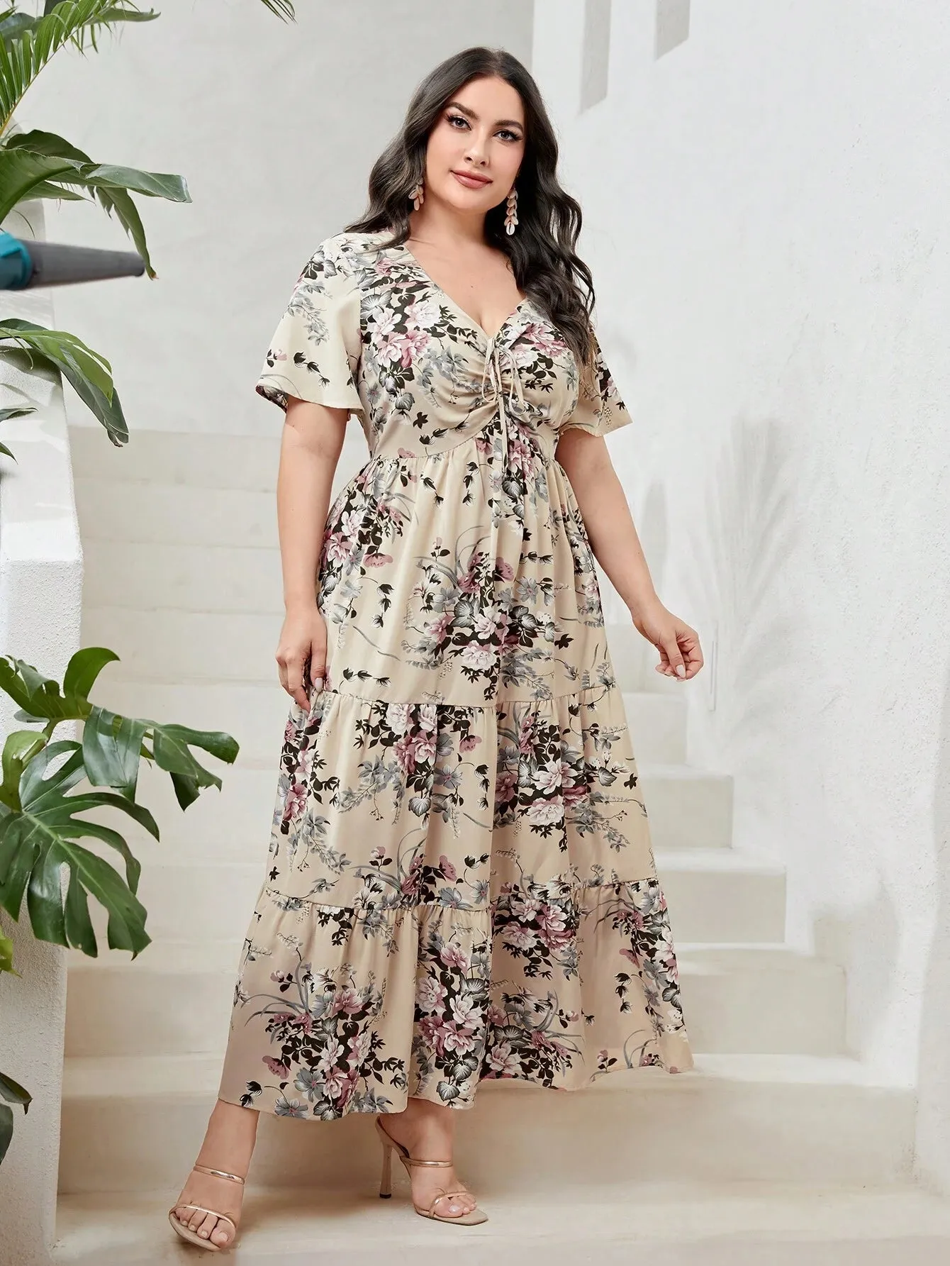 Vestido  Floral Cordão Frontal Bainha Em Camadas - Vera