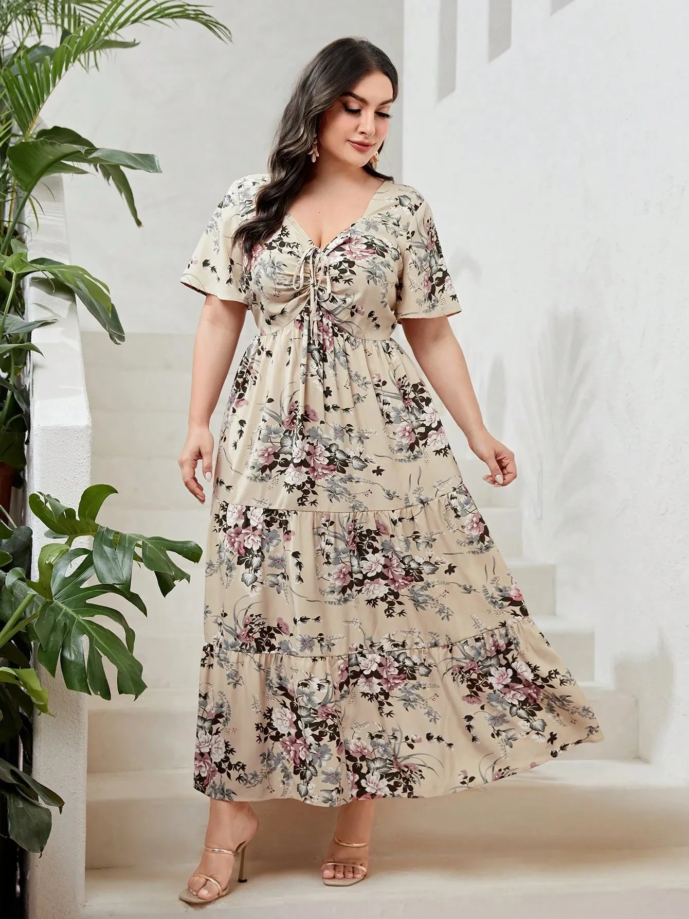 Vestido  Floral Cordão Frontal Bainha Em Camadas - Vera