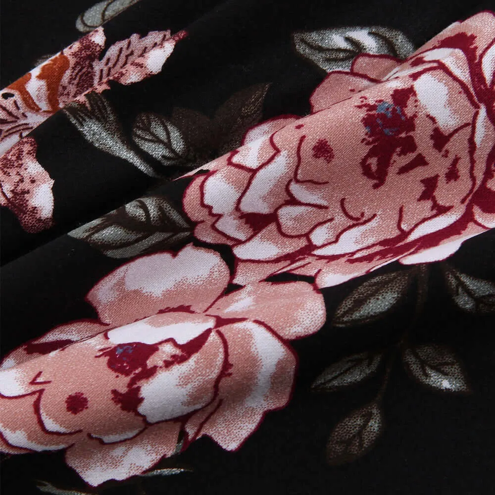 Vestido Pin Up Retro Preto Saia Floral Godê