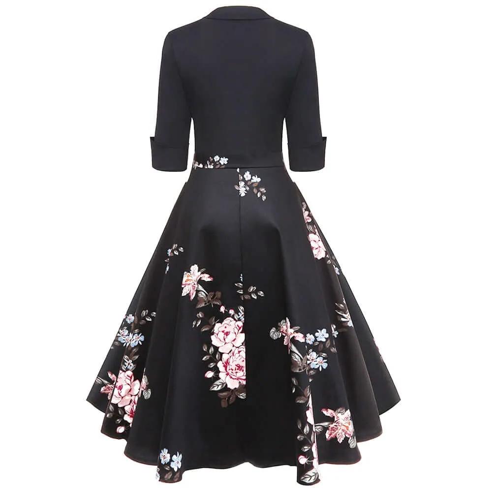 Vestido Pin Up Retro Preto Saia Floral Godê