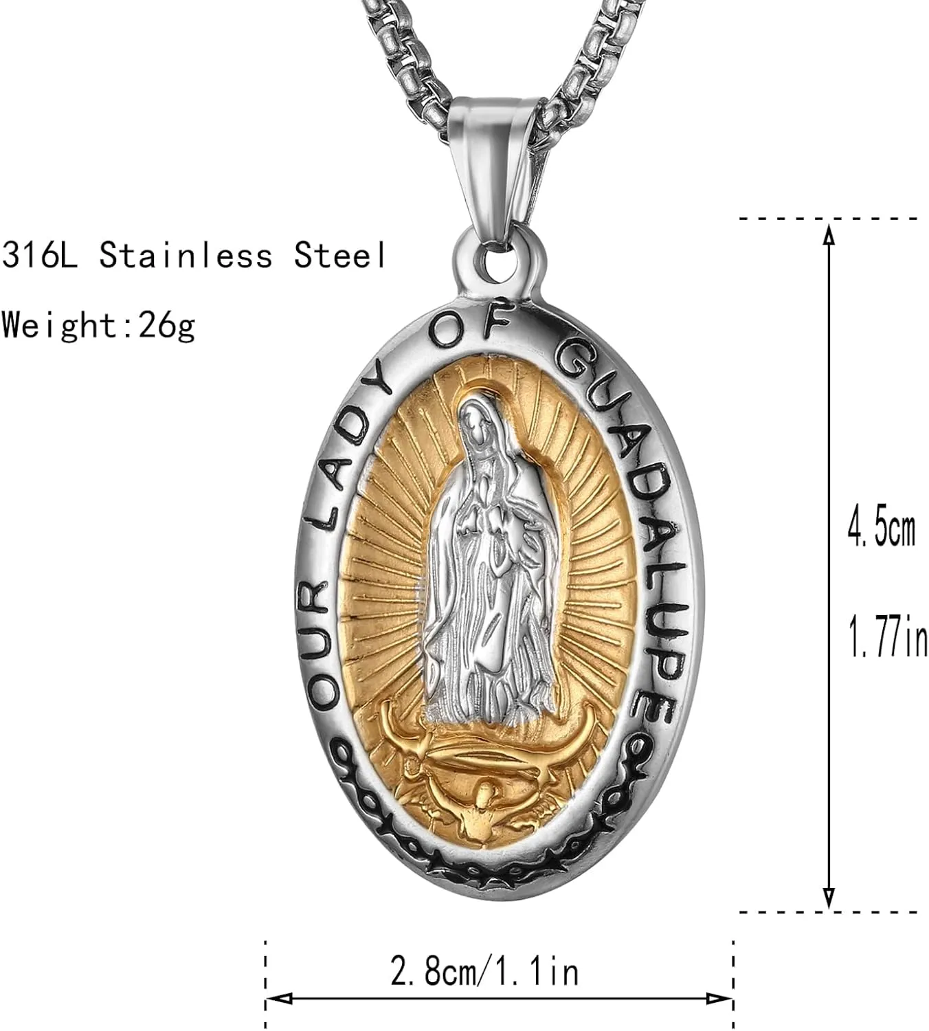 Virgin Mary Necklace,Our Lady of Guadalupe Necklace for Men and Women with 3MM 22"   2" Chain Necklace