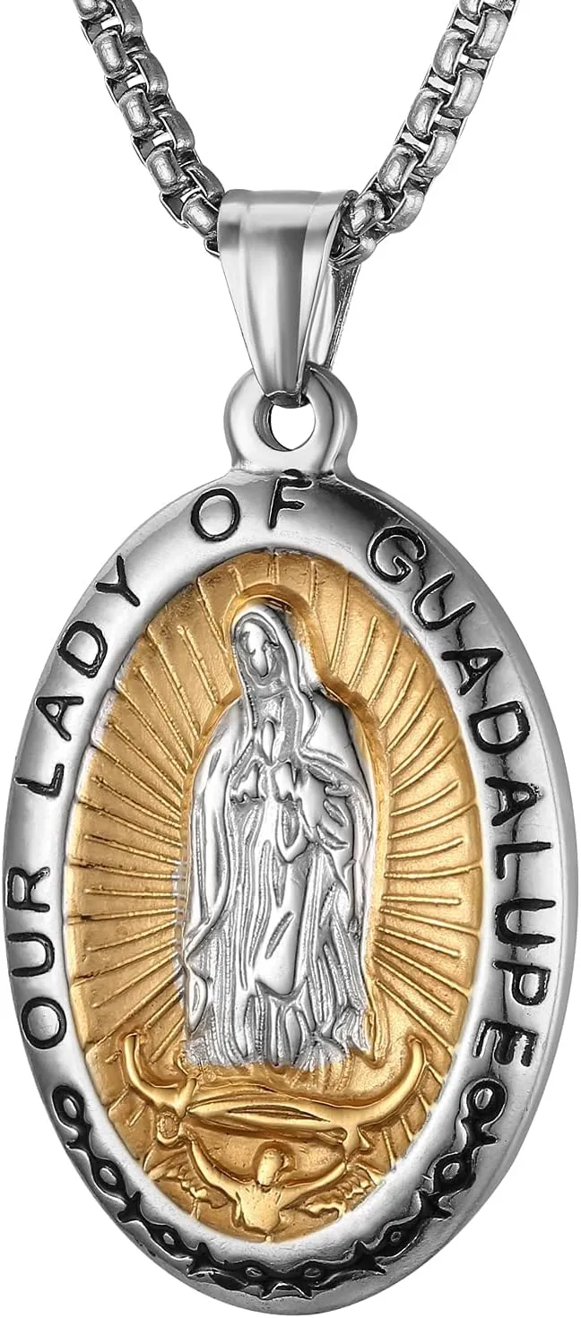 Virgin Mary Necklace,Our Lady of Guadalupe Necklace for Men and Women with 3MM 22"   2" Chain Necklace