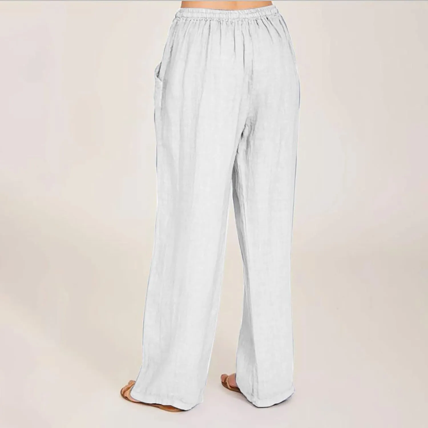 Women's Cotton Linen Pants Summer Casual Wide Leg Pant Loose Drawstring High Waist Palazzo Trousers with Pockets