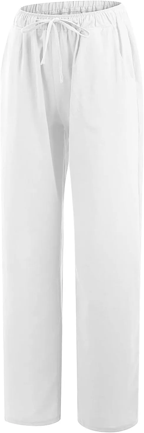 Women's Cotton Linen Pants Summer Casual Wide Leg Pant Loose Drawstring High Waist Palazzo Trousers with Pockets