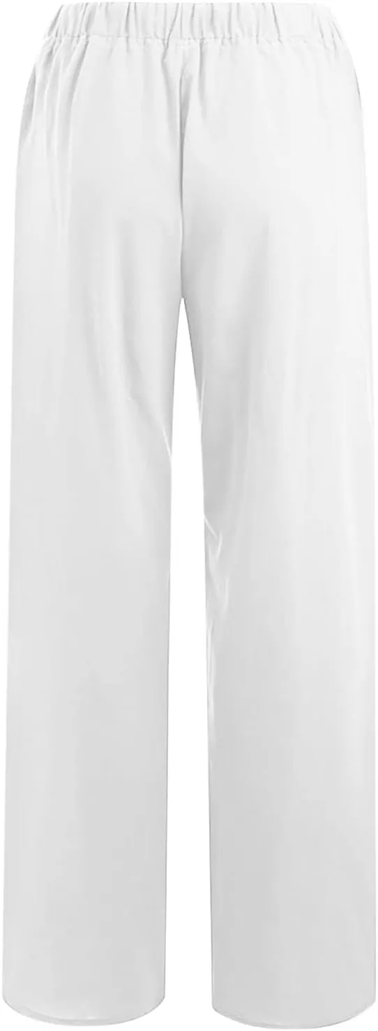 Women's Cotton Linen Pants Summer Casual Wide Leg Pant Loose Drawstring High Waist Palazzo Trousers with Pockets