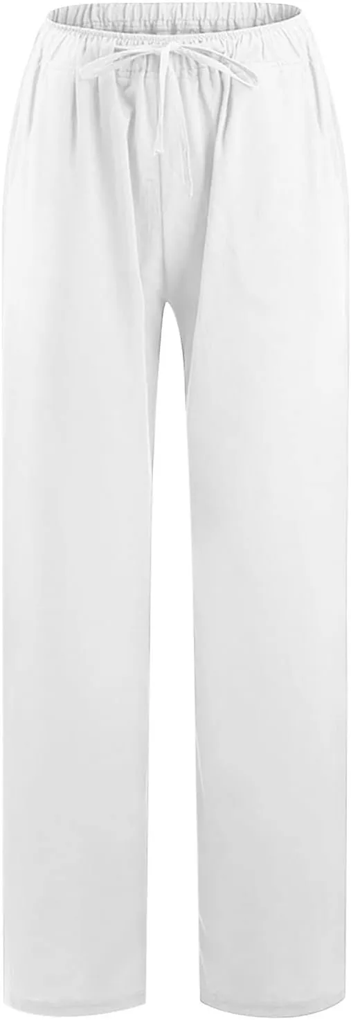 Women's Cotton Linen Pants Summer Casual Wide Leg Pant Loose Drawstring High Waist Palazzo Trousers with Pockets