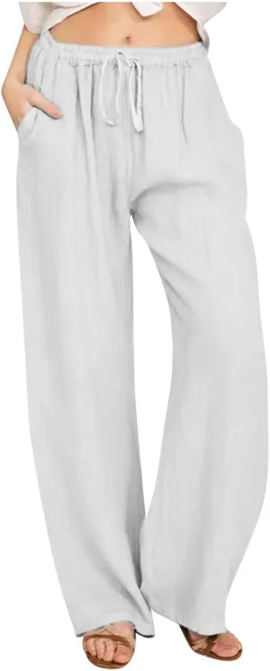 Women's Cotton Linen Pants Summer Casual Wide Leg Pant Loose Drawstring High Waist Palazzo Trousers with Pockets