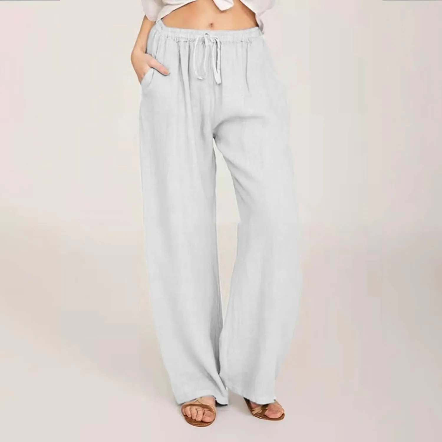 Women's Cotton Linen Pants Summer Casual Wide Leg Pant Loose Drawstring High Waist Palazzo Trousers with Pockets