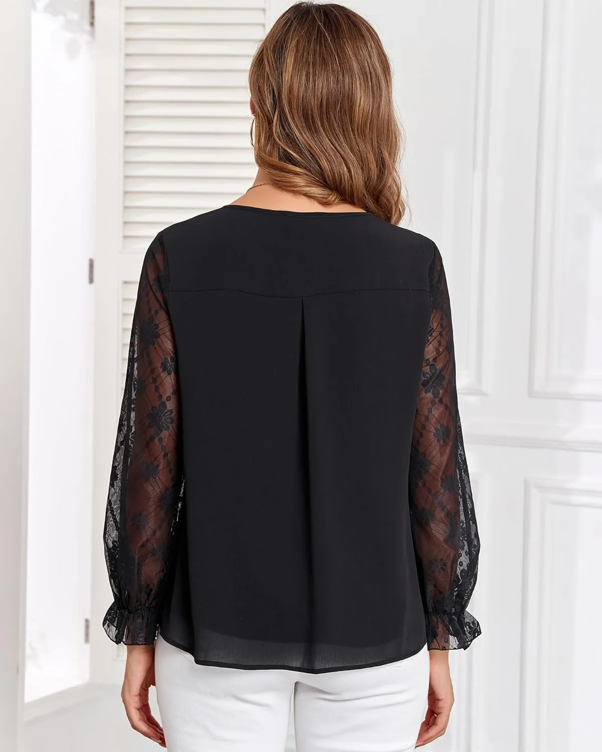 Women's Long Sleeve Drawstring Tops V Neck Dressy Casual Chiffon Blouses Elegant Double Layers Shirts
