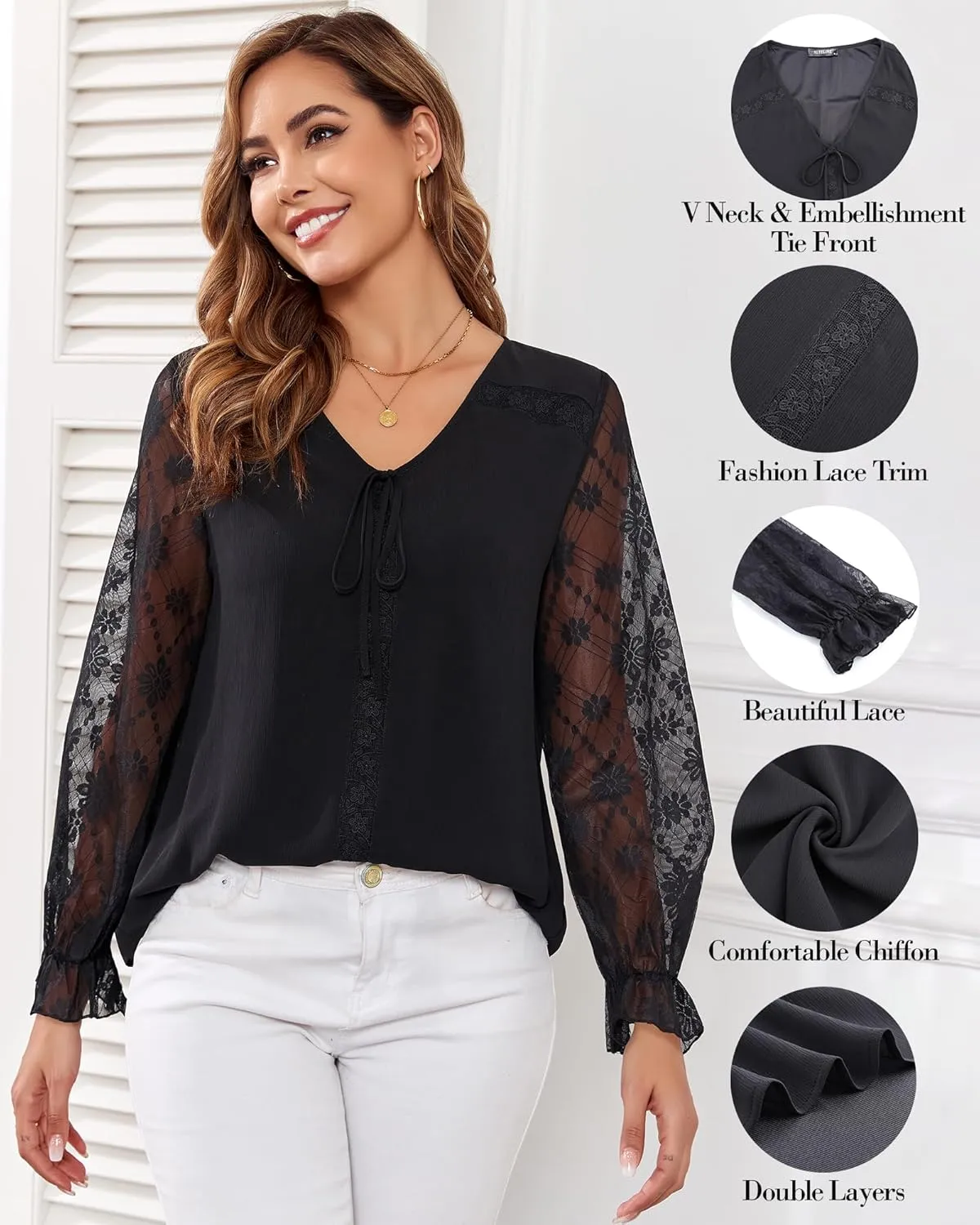 Women's Long Sleeve Drawstring Tops V Neck Dressy Casual Chiffon Blouses Elegant Double Layers Shirts