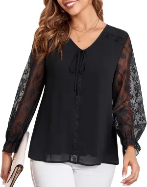 Women's Long Sleeve Drawstring Tops V Neck Dressy Casual Chiffon Blouses Elegant Double Layers Shirts
