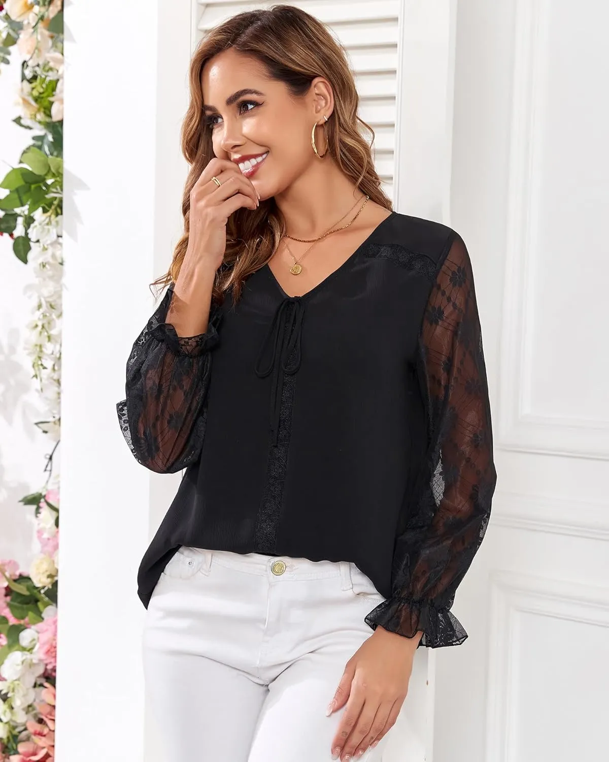 Women's Long Sleeve Drawstring Tops V Neck Dressy Casual Chiffon Blouses Elegant Double Layers Shirts