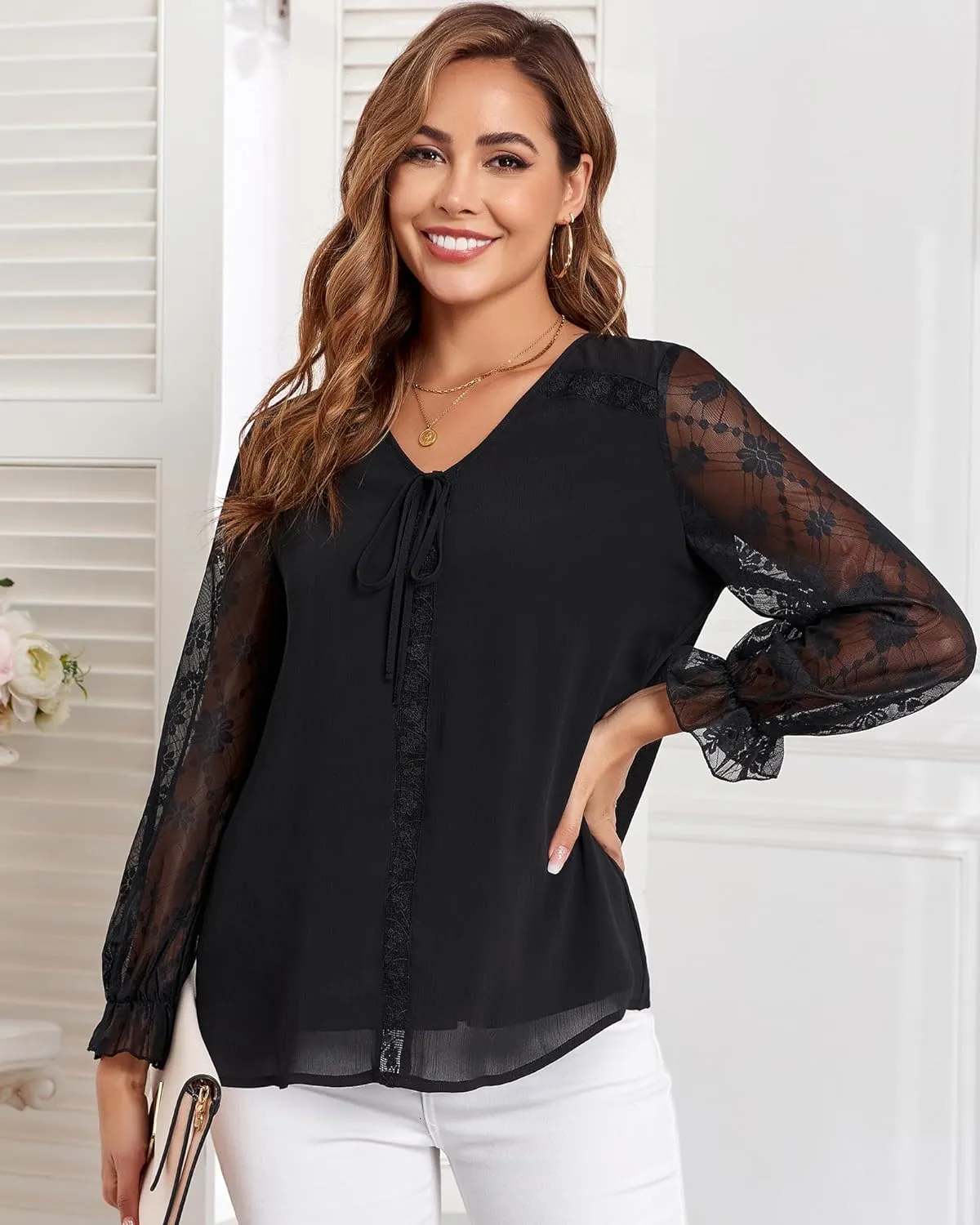 Women's Long Sleeve Drawstring Tops V Neck Dressy Casual Chiffon Blouses Elegant Double Layers Shirts
