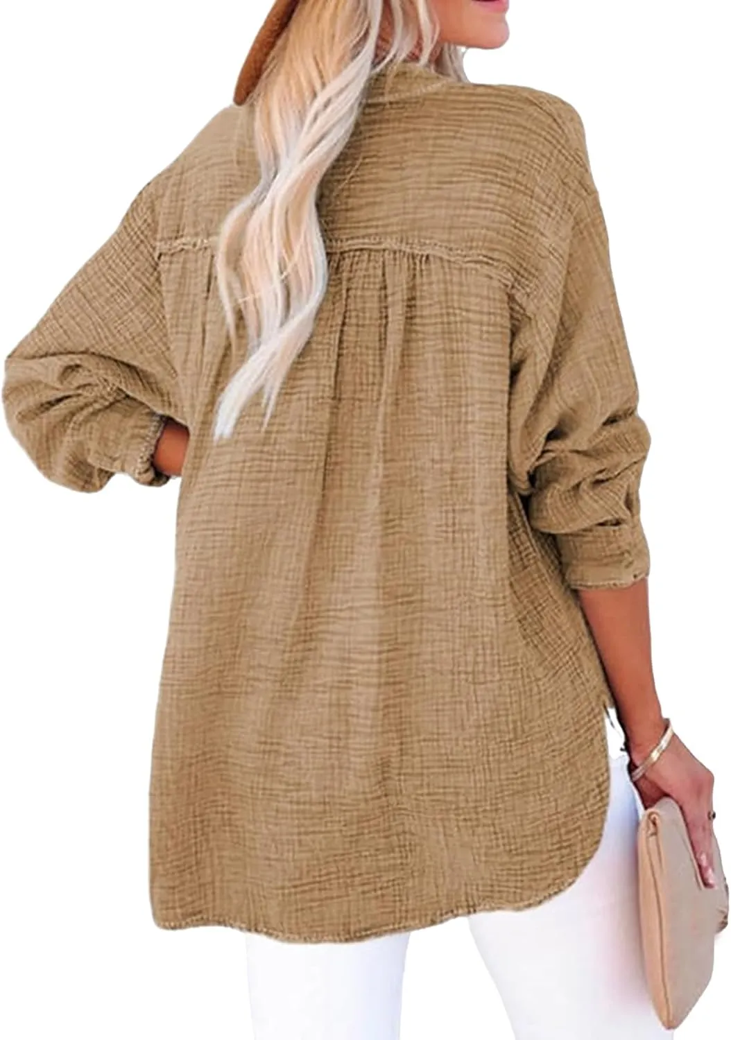 Womens Summer Tops Long Sleeve Henley Shirts Casual Button Down Shirts Oversized Solid Color Blouses Pleated Tops