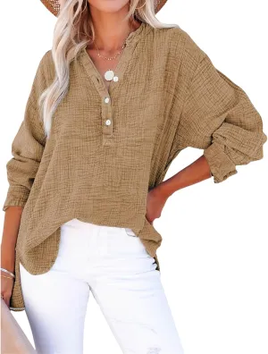 Womens Summer Tops Long Sleeve Henley Shirts Casual Button Down Shirts Oversized Solid Color Blouses Pleated Tops