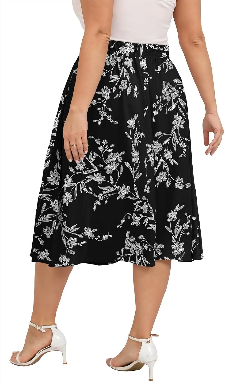 Xpenyo Womens Plus Size Midi Skirts Summer Elastic High Waisted Boho Casual Beach Flowy Swing Knee Length Skirts with Pockets