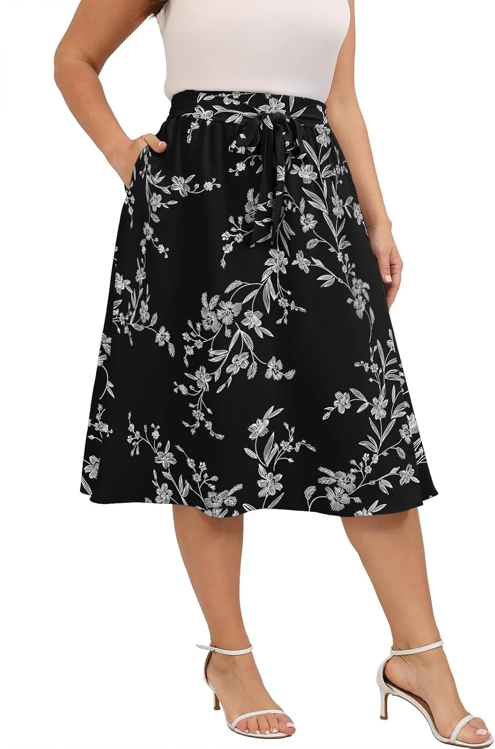 Xpenyo Womens Plus Size Midi Skirts Summer Elastic High Waisted Boho Casual Beach Flowy Swing Knee Length Skirts with Pockets