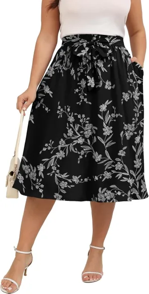 Xpenyo Womens Plus Size Midi Skirts Summer Elastic High Waisted Boho Casual Beach Flowy Swing Knee Length Skirts with Pockets
