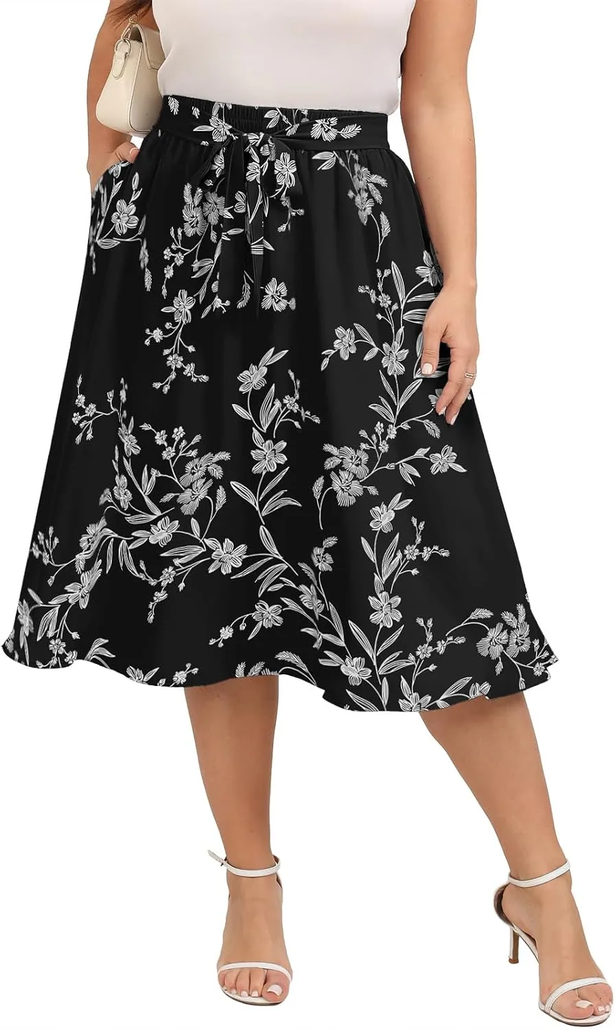 Xpenyo Womens Plus Size Midi Skirts Summer Elastic High Waisted Boho Casual Beach Flowy Swing Knee Length Skirts with Pockets