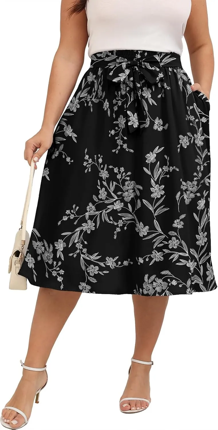 Xpenyo Womens Plus Size Midi Skirts Summer Elastic High Waisted Boho Casual Beach Flowy Swing Knee Length Skirts with Pockets