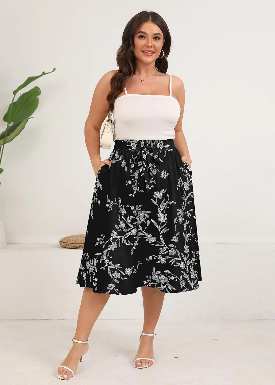 Xpenyo Womens Plus Size Midi Skirts Summer Elastic High Waisted Boho Casual Beach Flowy Swing Knee Length Skirts with Pockets