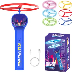 Yuzee Electric Flying Disc Launcher Toy - Outdoor Games Light Up Frisbee, with Light and 6 Flying Spinner, Rechargeable Transmitter Stick, Sports and Outdoor Summer Flying Toys for Kids and Adults (A)